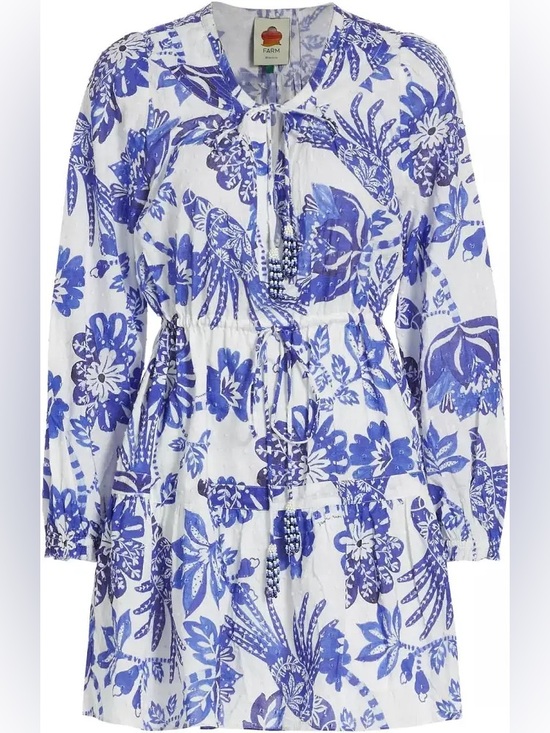 FARM Rio Dresses & Skirts - Like New FARM Rio White and Blue Floral Tiered Dress with Beaded Tassels, Small